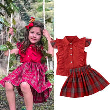 Fashion Toddler Baby Girls Christmas Clothes Sleeveless Ruffle Tops T-Shirt+Checks Plaid Skirt 2PCS Outfits Set 2024 - buy cheap