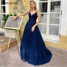 Navy Blue Evening Dresses With Lace Up Back V-Neck Sleeveless Lace Applique Crystal Beaded Tulle Evening Dresses вечернее платье 2024 - buy cheap
