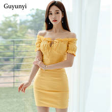 Yellow Korean Version High Street Dress 2022 Summer Elegant Folds Slash Neck Off The Shoulder High Waist Tight Dress Women 2024 - buy cheap