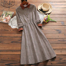 2021 Fashion Plaid Dress Women Autumn Vintage Corduroy Dress Long Sleeve Dresses Turn-dowm Collar Ladies Button Dresses 7424 2024 - buy cheap