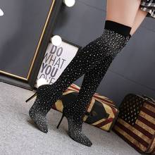 Rhinestones Over the Knee High Boots Brand Shoes Women Crystals Sexy Lady ong Boots Stretch Fabric Sock Boots Bling botas mujer 2024 - buy cheap