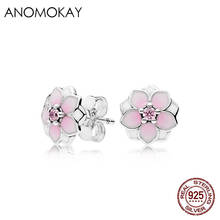 Anomook authentic 925 prata esterlina rosa cerejeira flor flor brincos para mulher menina 925 prata planta brinco presente 2024 - compre barato