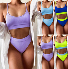 2020 push up roupa de banho com nervuras cintura alta bikini conjunto de esportes maiô feminino sólido biquini bandeau sexy biquíni 2024 - compre barato