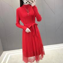 2020 New Spring Women Elegant Knitted Sweater Dress Female Long Sleeve Sweater Mesh Patchwork Women Thick Lace Midi Dress W194 2024 - buy cheap
