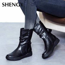 New Women Mid Calf Boots Plus Size 35-42 Zipper Leather Shoes Autumn Winter Military Flat Heel Motorcycle Boots Ladies Snow Boot 2024 - buy cheap
