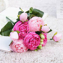 1 buquê de flores artificiais em tecido, rosa e vermelha, 5 cabeça grande e 4 bud, flores falsas baratas para decoração de casamento em casa 2024 - compre barato