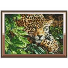 Pintura de leopardo impresa en el lienzo, juegos de costura de bordado de punto de cruz, 11/14/18/16/22/25/28ct 2024 - compra barato