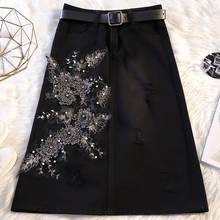 plus size 5XL! high waist denim skirt women 2021  fashion autumn new embroidery flower package hip hole a-line skirt 2024 - buy cheap