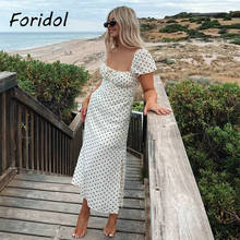 Foridol Polka Dot Pink Vintage Slit Dress Puff Sleeve Lace Up Long Dress Beach Holiday Summer Dress Elegant Ladies Sundress 2021 2024 - buy cheap