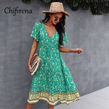 Chifirena Summer Dress 2021 Floral Print Women's Dress Short Sleeve V Neck Beach Boho Sexy Dresses for Women Party Sundress robe 2024 - buy cheap