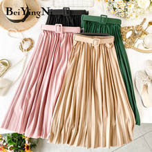 Beiyingni saia midi plissada estilo coreano, saias femininas casuais nova moda com cintura alta elástica, preto rosa elegante, cinto de saias 2024 - compre barato