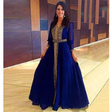 Luxury Sparkly Gold Beaded Muslim Evening Dresses 2019 Dubai Kaftan Formal Party Moroccan Royal Blue Prom Dresses Floor-Length 2024 - buy cheap