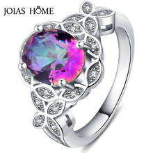 JoiasHome Classic Women Silver Ring With 8mm Round Shape Fire Rainbow Stone Oval Topaz Finger Jewelry Rings Wedding Party Gift 2024 - buy cheap