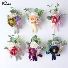 Meldel Groom Boutonniere Bridal Wrist Corsage Girl Bracelet Artificial Silk Rose Simulation Buds for Party Prom Business Wedding 2024 - buy cheap