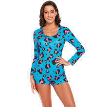 Long Sleeve Skinny Rompers Women Jumpsuits Casual Blue Leopard Print Nightwear Playsuit Female Sexy V-neck Playsuits Outfits 2024 - buy cheap