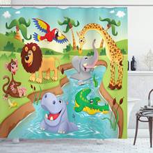Cortina de chuveiro para crianças com desenhos animados, animais de safari, natação no lago, elefante, leões e girafa, conjunto de decoração de banheiro com ganchos 2024 - compre barato