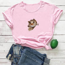 Camiseta con estampado de gato escondido en la ropa para Mujer, remera divertida de algodón para Mujer, Camiseta gótica informal holgada de manga corta 2024 - compra barato