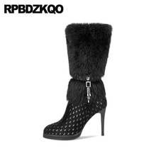 High Heel Shoes Black Handmade Pointed Toe Sheepskin Furry Stiletto Real Fur Fluffy Brand Women Winter Boots Genuine Leather 2024 - buy cheap