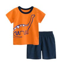 Conjunto de blusa e shorts de cor sólida para meninos, 2 peças, estampa de dinossauro e cartoon criativo para bebês pequenos, gola redonda, manga curta, 2021 2024 - compre barato