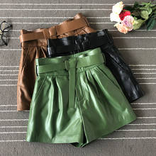 Europe style women's belt leather pants 2019 Fall/winter high quality genuine leather high-waist wide-leg short pants B084 2024 - buy cheap