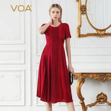 VOA Elegant High Waist Slim Party Red Woman Pleated Dress Summer O-Neck Short Sleeves Solid Office Ladies A-Line Dresses A928 2024 - buy cheap