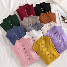 Suéter de punto para mujer, jersey de cuello medio alto, informal, elástico, suave, otoño e invierno, botón Coreano 2024 - compra barato