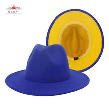 Chapéu qbchapéu azul amarelo para mulheres, com aba larga, clássico, chapéu panamá, decoração com fivela de lã, feltro, chapéus para festival 2024 - compre barato