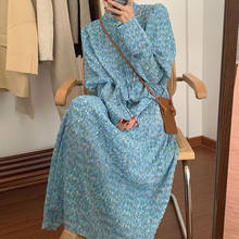 Printed Lace Up Dress for Woman Chic Clothes Long Sleeve Blue Vestidos Spring Korean Boho Party Shopping Dresses Female Autumn 2024 - buy cheap