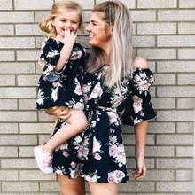 Matching Off Shoulder Mommy And Me Dress Clothes Family Look Summer Dresses Overalls Outfits Mother Daughter Beach Girl Clothes 2024 - buy cheap