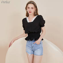 ARTKA-Blusa de gasa con cuello cuadrado para mujer, elegante camisa de manga abombada con volantes, color negro, 2021 2024 - compra barato