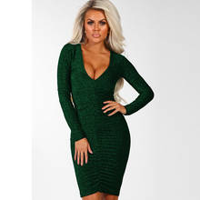 Bling Bling Sexy and Club Sheath Woman Dresses Spring Autumn Long Sleeve V-neck Solid Female Dresses 2024 - buy cheap