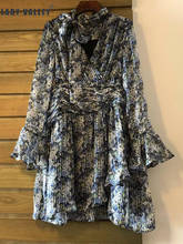 Vestido floral holgado de cintura plisada con cuello en V y lazo con correa de cuello en V 2024 - compra barato
