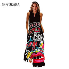 Movokaka-vestido longo feminino, vestido longo, sem mangas, elegante, casual, feminino, tamanho grande, estampa de boca, verão 2021 2024 - compre barato