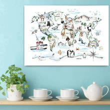 Mapa mundi de animais, tela de desenho animado, pôster artístico para berçário de crianças, arte de parede, quadros de decoração para quarto de bebê 2024 - compre barato