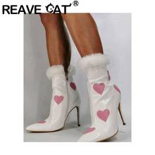 REAVE CAT New Ankle Boots Pointed Toe High Heels Zipper Stilettos Patent Leather Fur Christmas Heart-Shaped Big Size 43 A3291 2024 - buy cheap