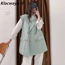 Klacwaya Woman Vest Solid OL Turn Down Collar Sleeveless Double-Breasted Waistcoat Leisure Vests Blazer Jacket 2024 - buy cheap