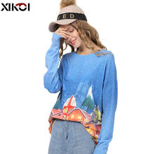 Xikoi suéter feminino estampado de casa de neve, moda feminina para natal, gola redonda, manga comprida, pulôver azul solto, blusa feminina 2024 - compre barato