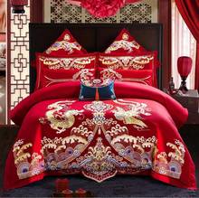 Conjunto de ropa de cama de lujo con bordado de dragón y Fénix, Set de ropa de cama de estilo chino rojo, 100% algodón, funda nórdica, Sábana de cama/fundas de almohada de lino, 4/6 piezas 2024 - compra barato