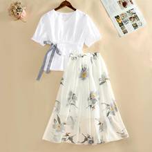 2021 New Summer Office 2 Piece Set Women V Neck Puff Sleeve Solid Blouse Bow Tie Top + Flower Printed A-line Skirt Set Suit Q232 2024 - buy cheap