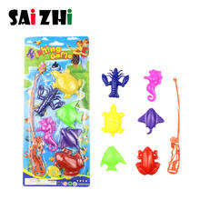 Saizhi 7 pçs conjunto plástico magnético brinquedos de pesca bebê banho brinquedo jogo de pesca crianças 1 pólos 6 ímã peixe interior ao ar livre divertido bebê 2024 - compre barato