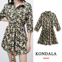 Kondala vestido de camuflagem feminino, vestido vintage da moda za 2021 com meia manga e gola virada 2024 - compre barato