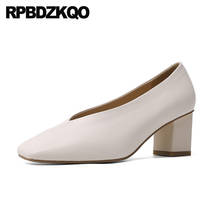 Zapatos de tacón alto de piel auténtica para mujer, calzado grueso de diseñador con punta cuadrada, color Beige, talla 4 y 34, 2021 2024 - compra barato