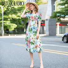 MIUXIMAO-vestido de verano de manga corta con estampado Floral, traje elegante informal de media pantorrilla, cuello redondo, 2020 2024 - compra barato