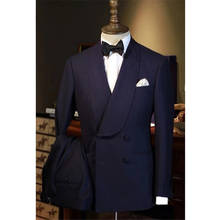 Esmoquin clásico azul marino para novio, traje para fiesta de graduación, traje ajustado de doble botonadura, chaqueta, pantalones, 2 piezas 2024 - compra barato