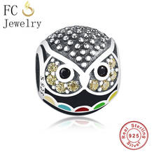 FC Jewelry подходит для оригинального бренда, очаровательный браслет, серебро 925 пробы, черная эмаль, желтый CZ камень, Сова, бусины для изготовления Berloque 2024 - купить недорого