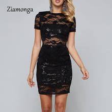 Zimenin a vestido de renda verão 2019, vestido feminino preto rosa gola redonda manga curta, roupa de festa sexy fitted com lantejoulas 2024 - compre barato