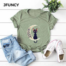 JFUNCY размера плюс, хлопковая футболка, Новая женская футболка с принтом кота, повседневная женская футболка, женские футболки с коротким рукавом, летние топы Mujer 2024 - купить недорого