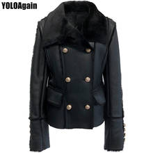 YOLOAgain women genuine leather jacket ladies double breasted black real lambskin shearling jacket 2024 - buy cheap