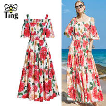 Tingfly-Vestidos largos de verano con estampado de flores, vestidos de fiesta a media pierna fruncidos, a la moda Bohemia, Zevity Floral, túnicas de cintura alta elástica 2024 - compra barato