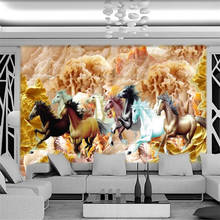 beibehang Custom wallpaper 3d mural high-end wood carving peony eight horses living room Papel de parede background wall paper 2024 - buy cheap